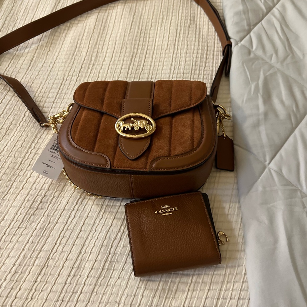 Coach Georgie Tan and Brown Leather Crossbody Bag and Wallet NWT